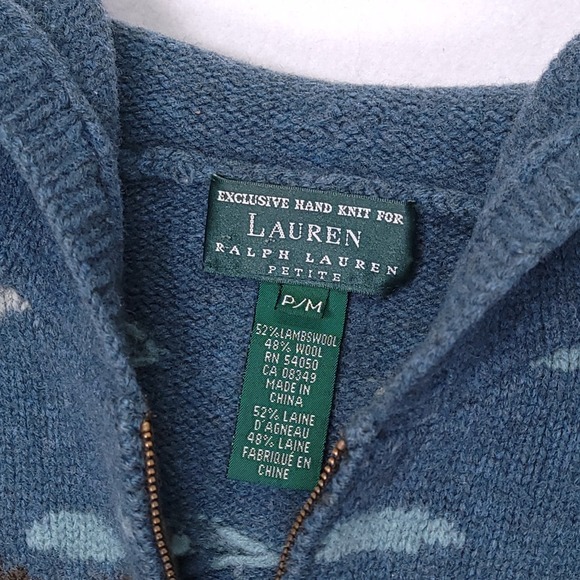 Lauren Ralph Lauren Womens P/M Wool Knit Full Zip Hoodie The Dog Hunt Blue Green - Picture 2 of 14